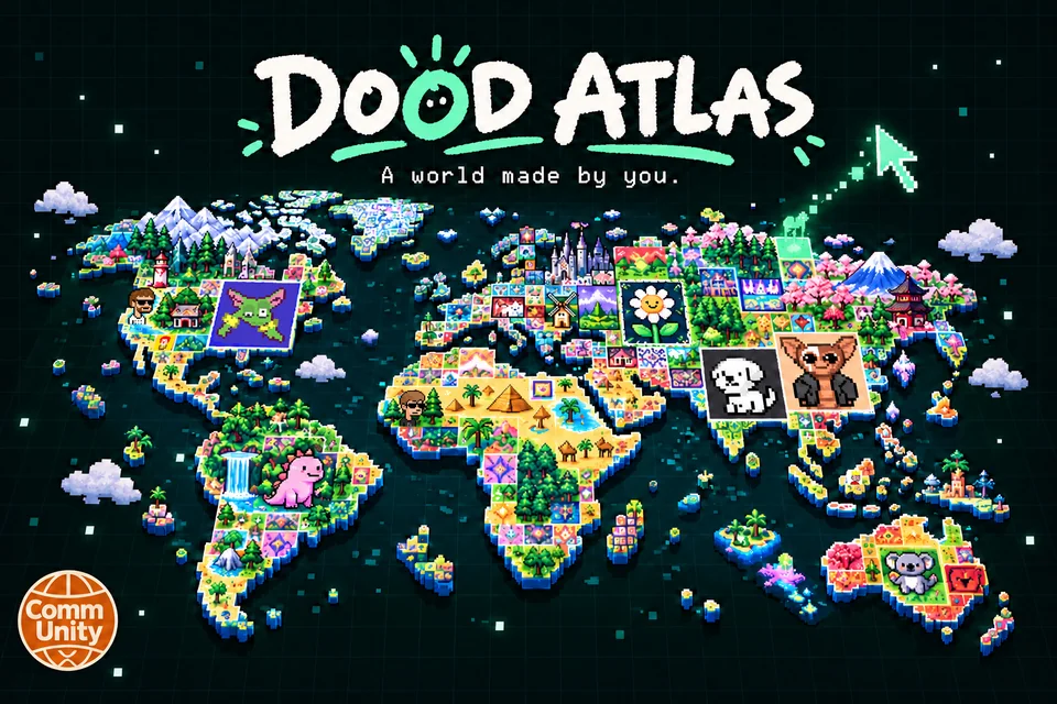 Dood Atlas: a glowing pixel-art world map covered in community artwork