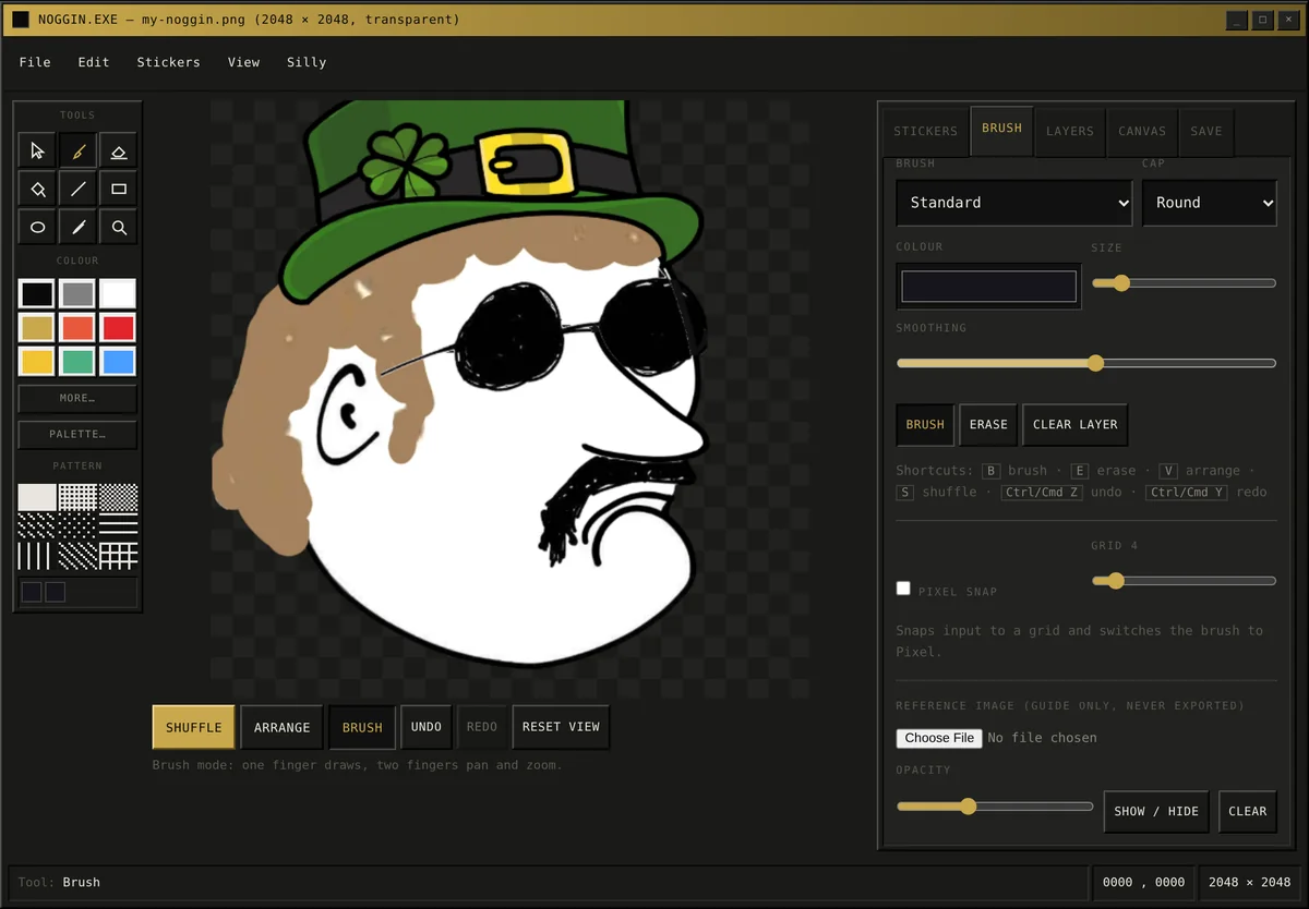 The Noggin Maker open in a browser: a Dood face wearing a green top hat, round dark glasses and a moustache sits on the canvas, with the drawing tools down the left and the brush settings on the right.